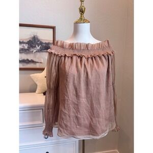 Off The Shoulder Pleated Shimmer Blouse Ruffle Smocked Boho Top TJD Rose Gold L